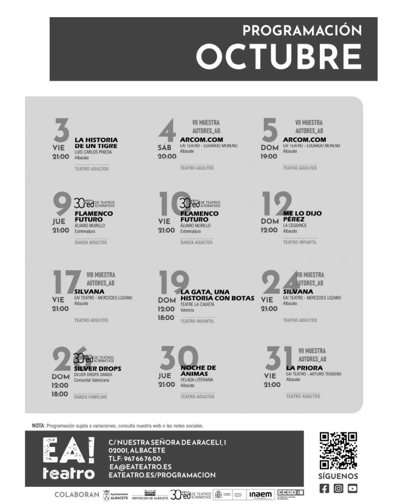 Programación octubre 2025 - Sala alternativa de teatro EA! Teatro Albacete